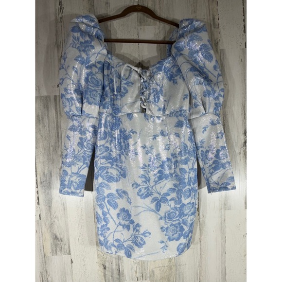 ASOS Mini Dress Size 0 Blue White Floral Metallic Puff Sleeve Lace Up Front NWT - Picture 2 of 9